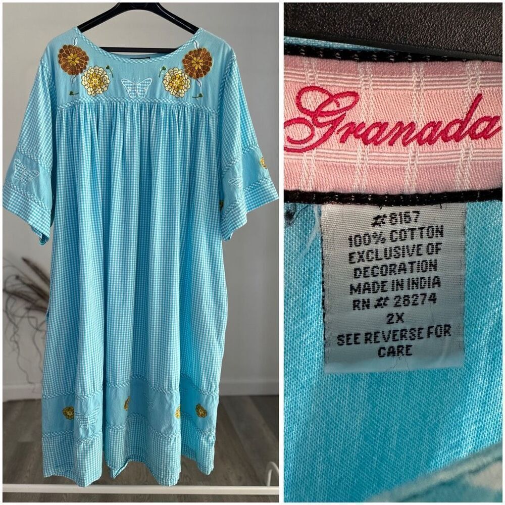 GRANADA VINTAGE WOMEN'S 2X BLUE EMBROIDERED SHORT SLEEVE HOUSE DRESS MUUMUU